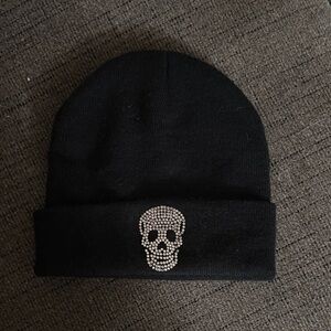 Black Beanie Hat with Rhinestone Skull - Men Accessories